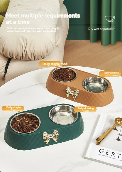 Pet Cat Food Bowl PP Base Bow-tie Bowknot Cat Feeder Stainless Steel Double Bowl Dog Food Feeding Drinking Container Pet Supplie