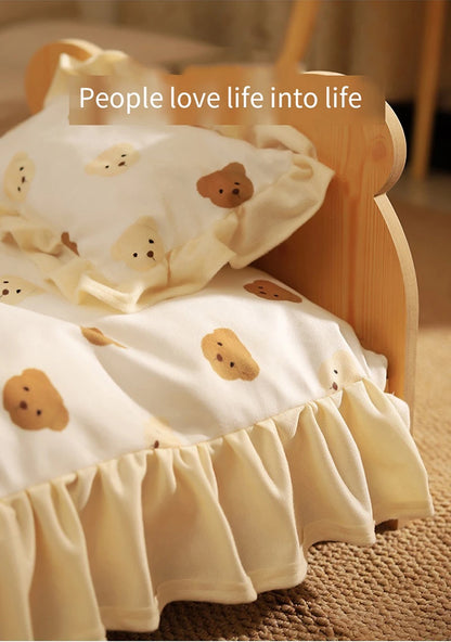 Cat Bed Wooden Cat And Dog Bed With Teddy Bear Pattern Indoor Pet Furniture Floor To Ceiling Bed(20*11inch)Comfortable Durable