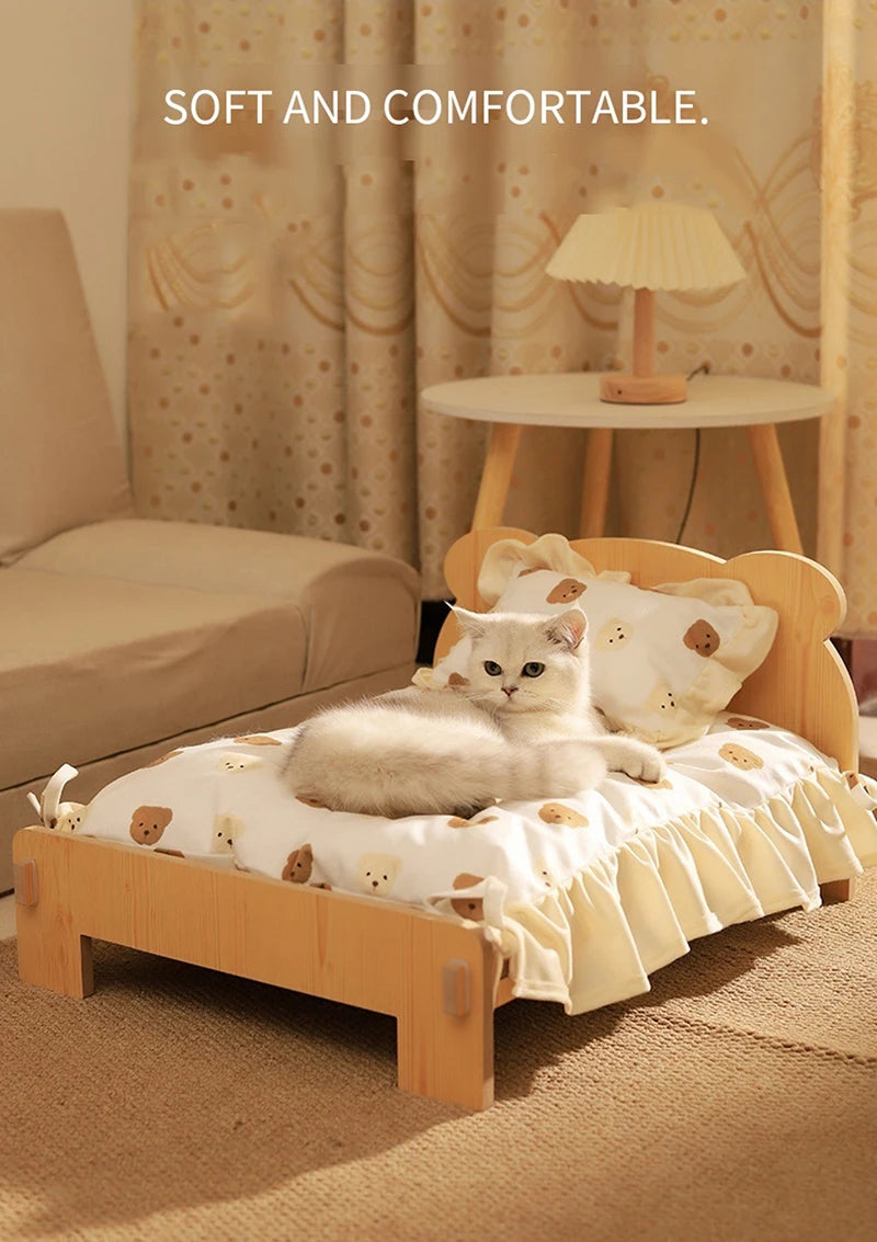 Cat Bed Wooden Cat And Dog Bed With Teddy Bear Pattern Indoor Pet Furniture Floor To Ceiling Bed(20*11inch)Comfortable Durable