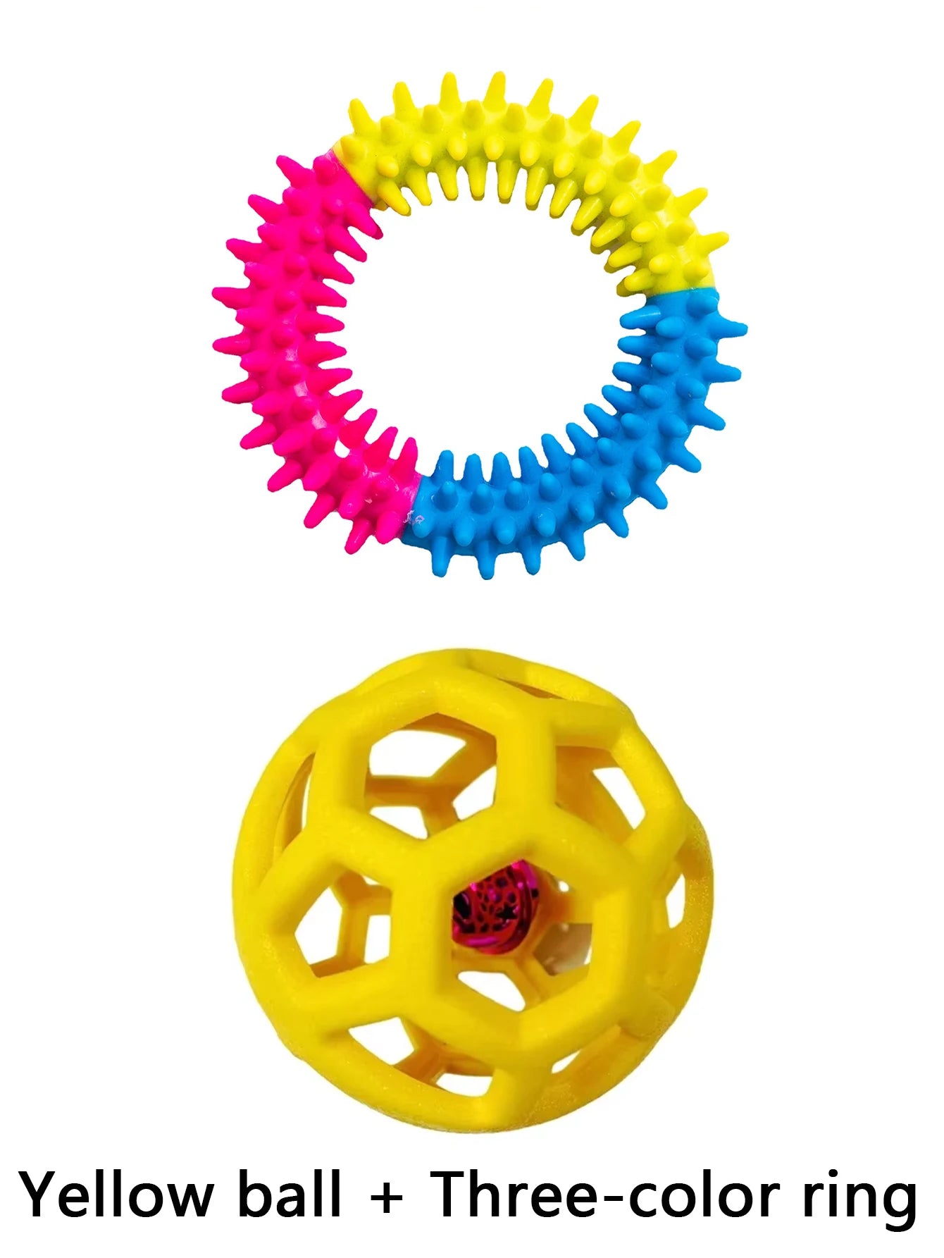 2 Pet Dog Toys: Bite-Resistant Bell Ball & Tri-Color Molar Ring, Soft Rubber for Teeth Grinding & Chewing