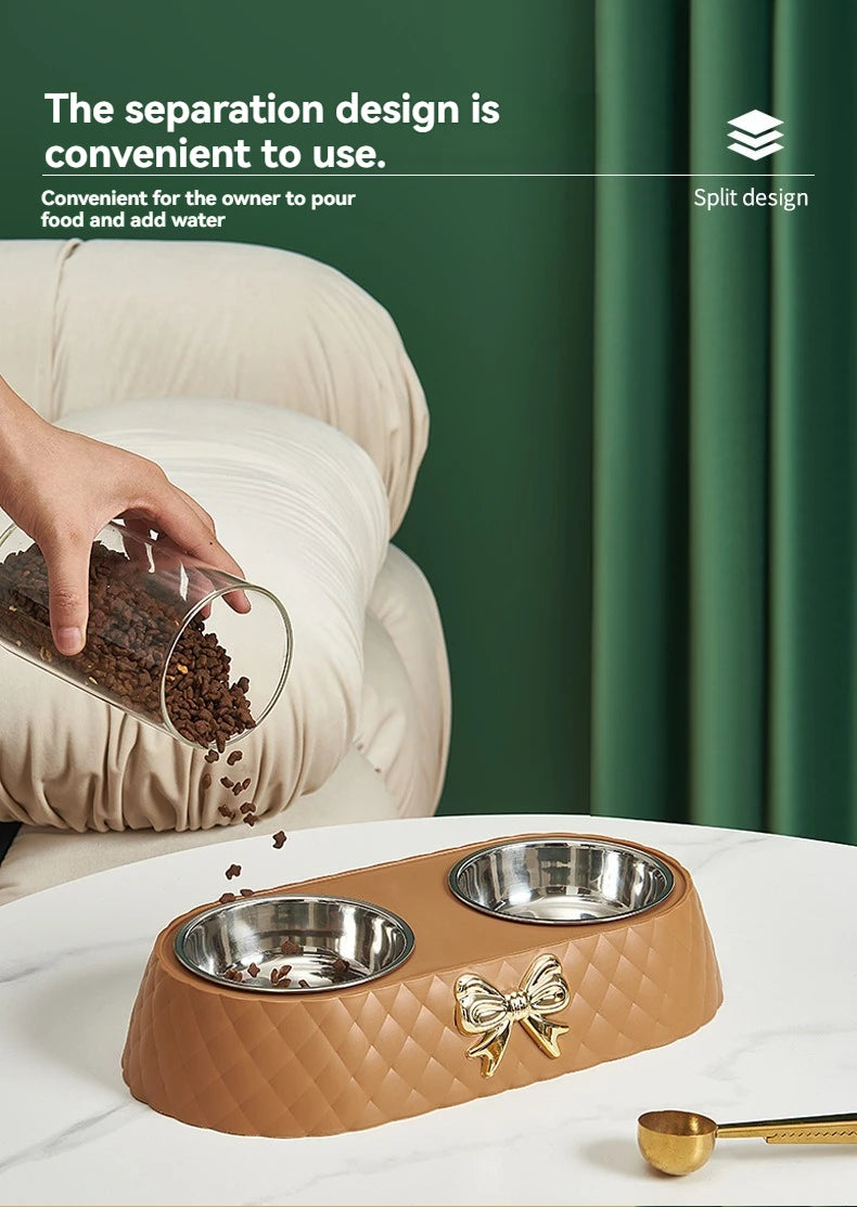 Pet Cat Food Bowl PP Base Bow-tie Bowknot Cat Feeder Stainless Steel Double Bowl Dog Food Feeding Drinking Container Pet Supplie