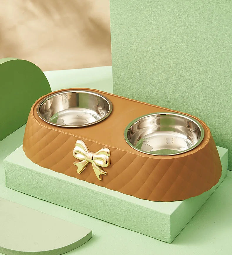 Pet Cat Food Bowl PP Base Bow-tie Bowknot Cat Feeder Stainless Steel Double Bowl Dog Food Feeding Drinking Container Pet Supplie