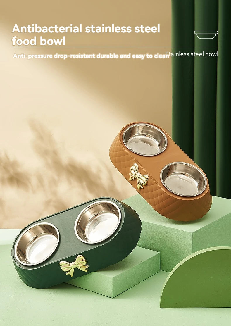 Pet Cat Food Bowl PP Base Bow-tie Bowknot Cat Feeder Stainless Steel Double Bowl Dog Food Feeding Drinking Container Pet Supplie