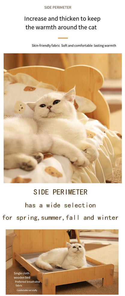 Cat Bed Wooden Cat And Dog Bed With Teddy Bear Pattern Indoor Pet Furniture Floor To Ceiling Bed(20*11inch)Comfortable Durable