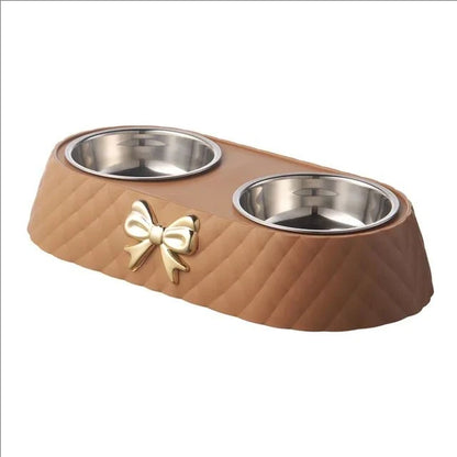 Pet Cat Food Bowl PP Base Bow-tie Bowknot Cat Feeder Stainless Steel Double Bowl Dog Food Feeding Drinking Container Pet Supplie