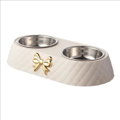 Pet Cat Food Bowl PP Base Bow-tie Bowknot Cat Feeder Stainless Steel Double Bowl Dog Food Feeding Drinking Container Pet Supplie