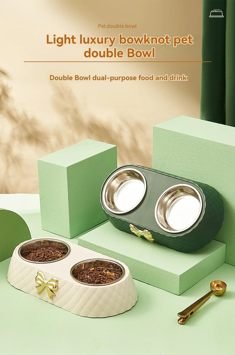 Pet Cat Food Bowl PP Base Bow-tie Bowknot Cat Feeder Stainless Steel Double Bowl Dog Food Feeding Drinking Container Pet Supplie