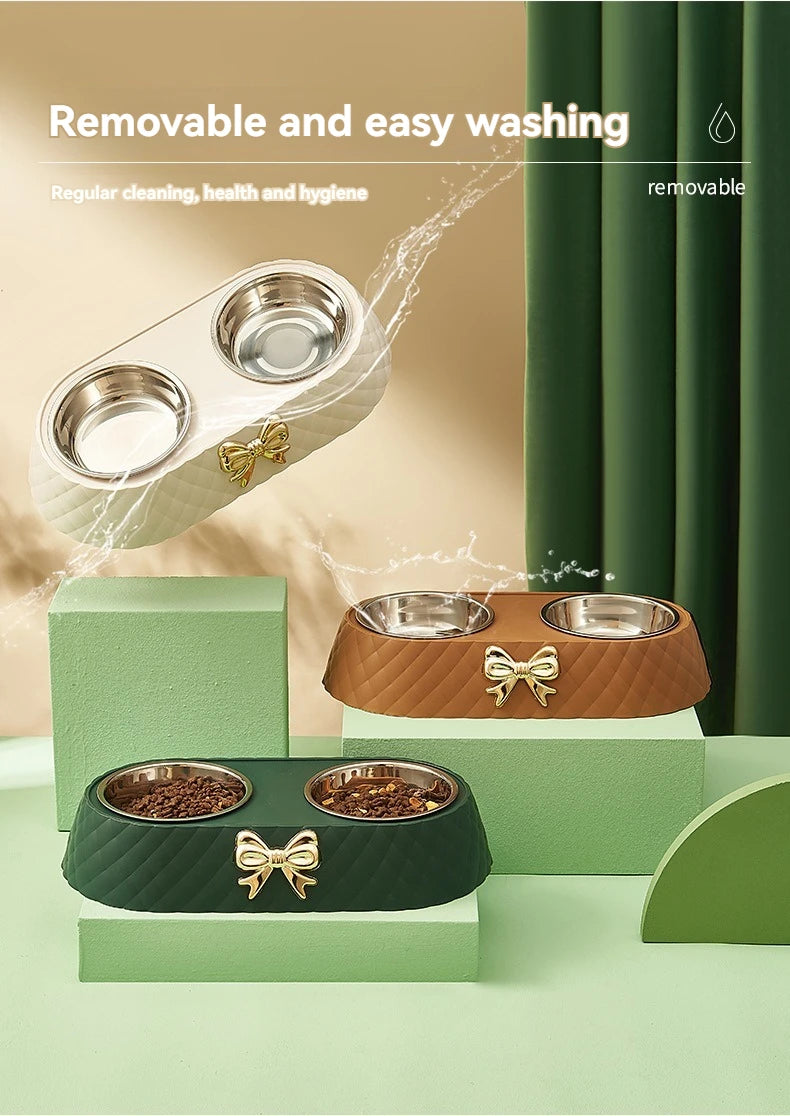 Pet Cat Food Bowl PP Base Bow-tie Bowknot Cat Feeder Stainless Steel Double Bowl Dog Food Feeding Drinking Container Pet Supplie