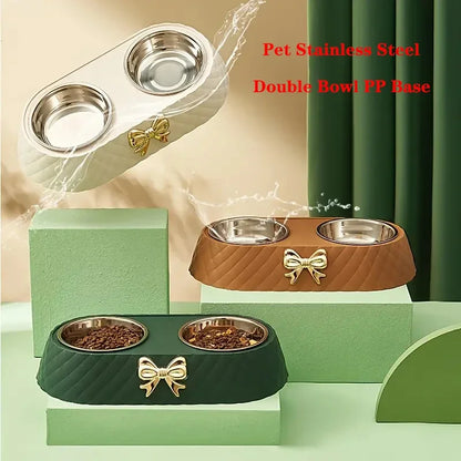 Pet Cat Food Bowl PP Base Bow-tie Bowknot Cat Feeder Stainless Steel Double Bowl Dog Food Feeding Drinking Container Pet Supplie