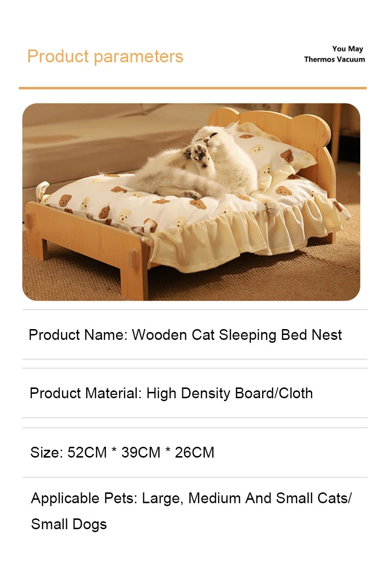 Cat Bed Wooden Cat And Dog Bed With Teddy Bear Pattern Indoor Pet Furniture Floor To Ceiling Bed(20*11inch)Comfortable Durable