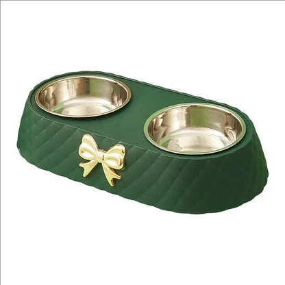Pet Cat Food Bowl PP Base Bow-tie Bowknot Cat Feeder Stainless Steel Double Bowl Dog Food Feeding Drinking Container Pet Supplie