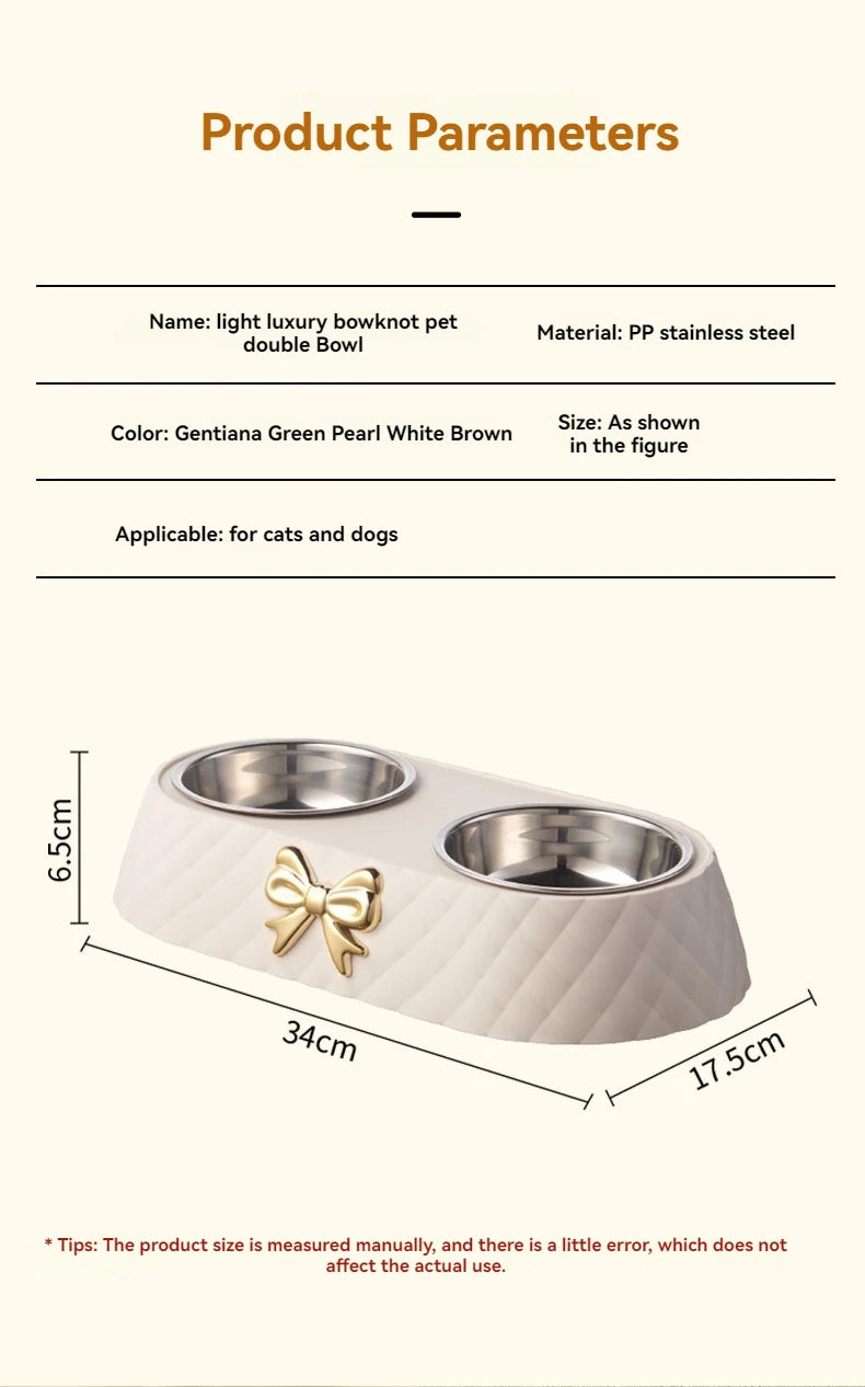 Pet Cat Food Bowl PP Base Bow-tie Bowknot Cat Feeder Stainless Steel Double Bowl Dog Food Feeding Drinking Container Pet Supplie